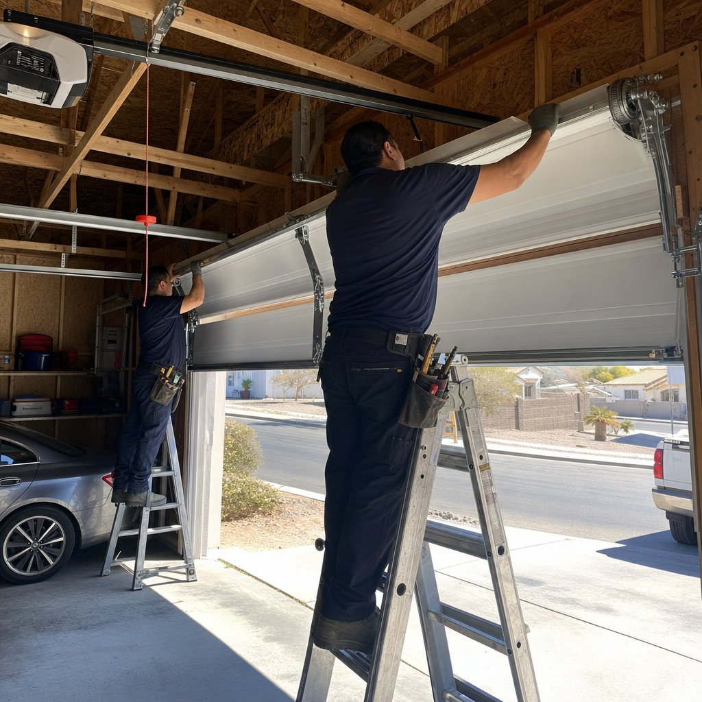 Garage door installation professionals working on a new garage door