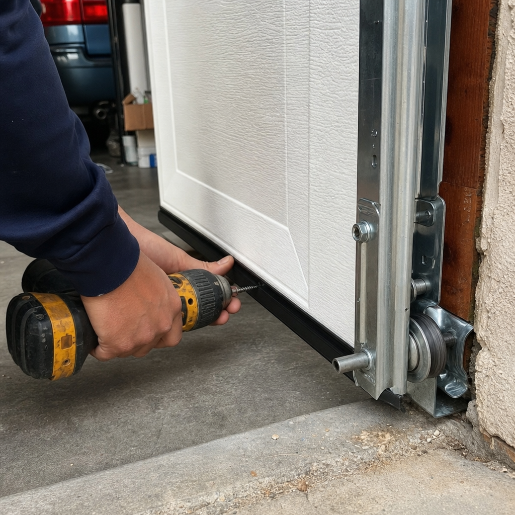Garage door installation professional attaching weather seal with a drill.