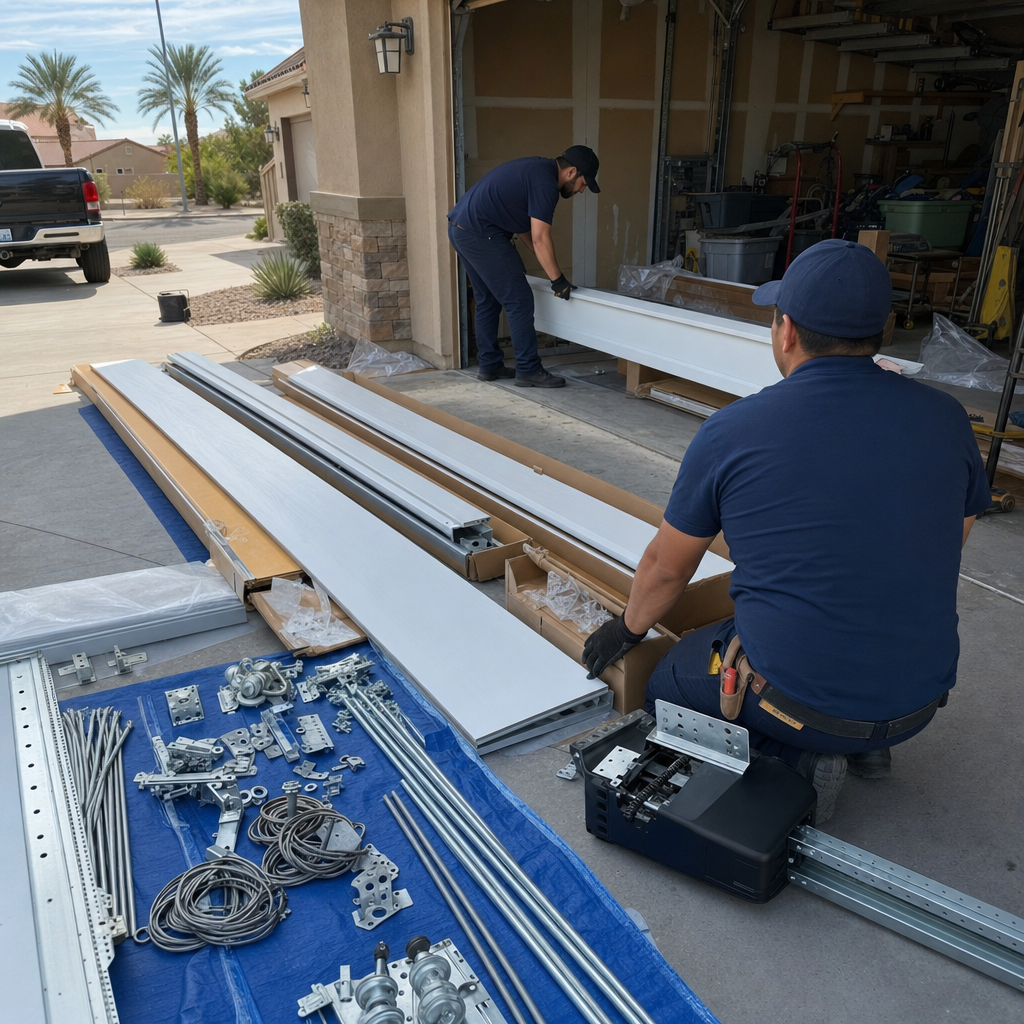 Garage door installation workers assembling a new white garage door