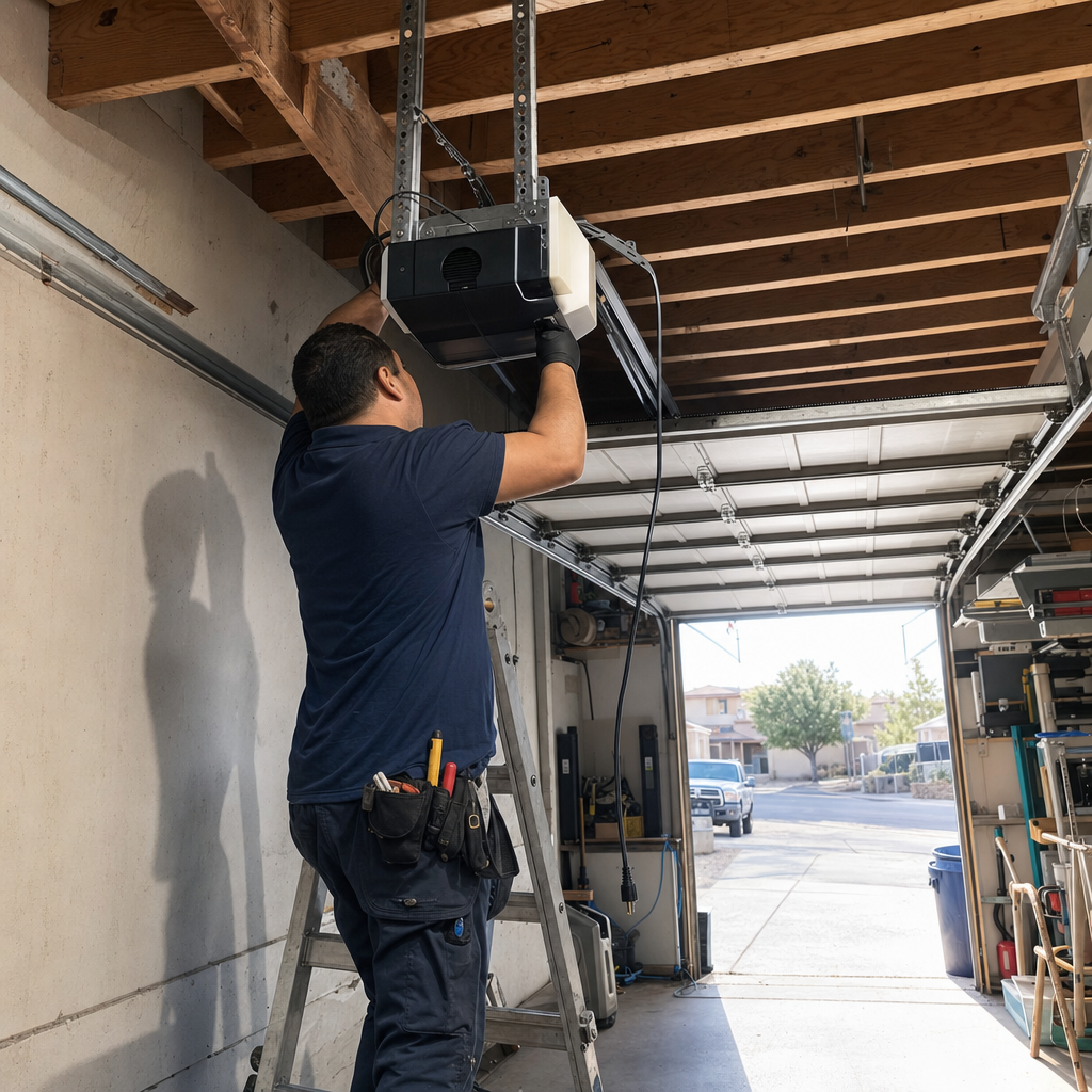 Technician installing garage door opener