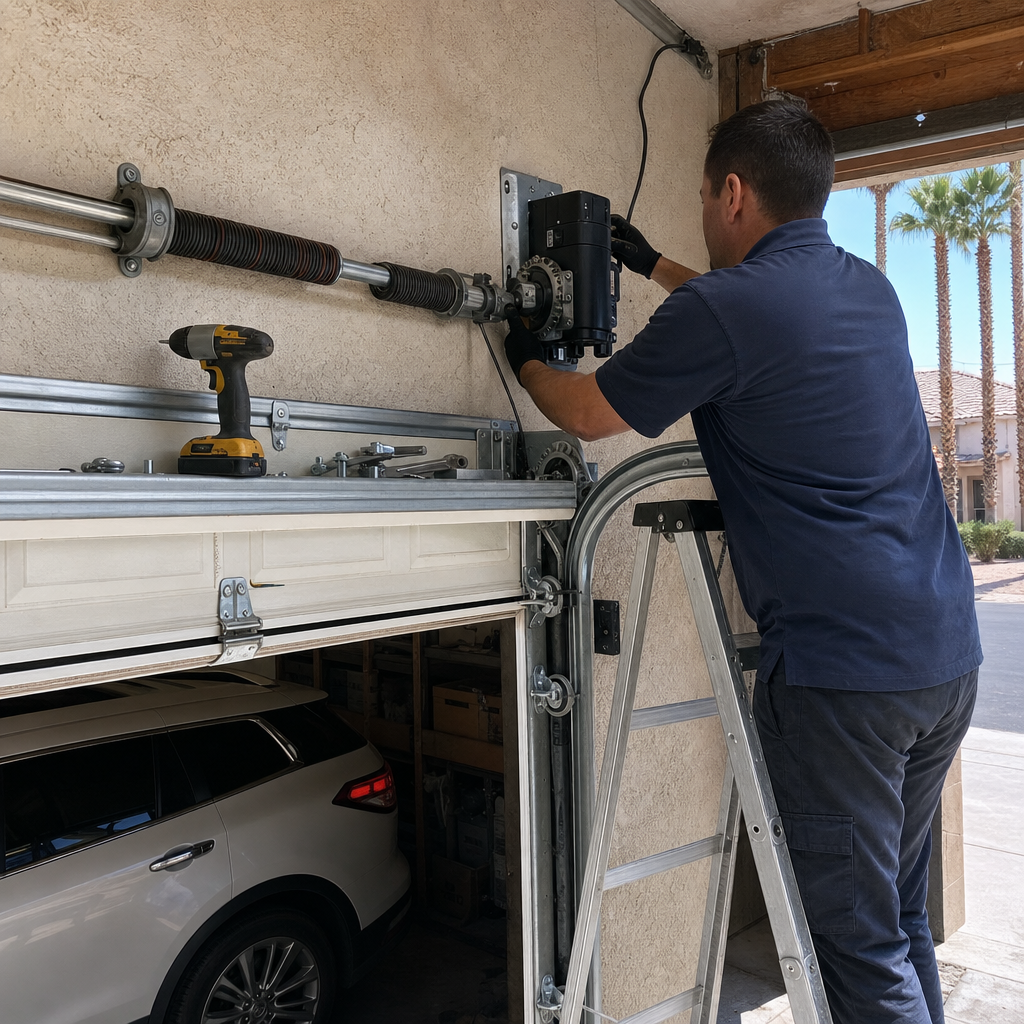 Technician installing garage door opener mechanism