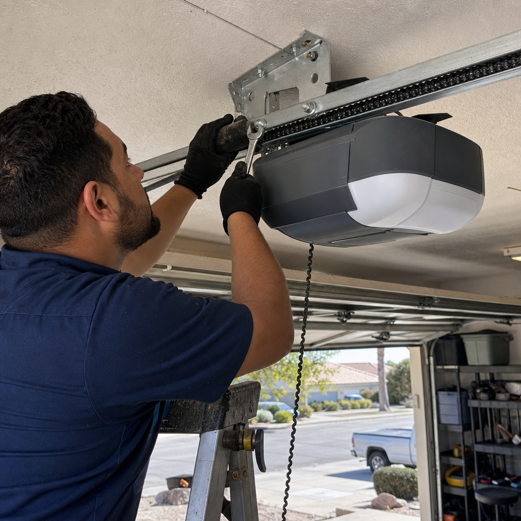 Professional installing a garage door opener