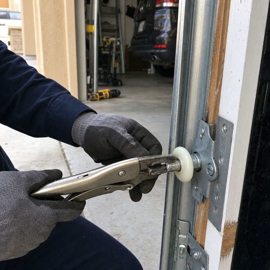 Garage door repair, technician removes roller with locking pliers