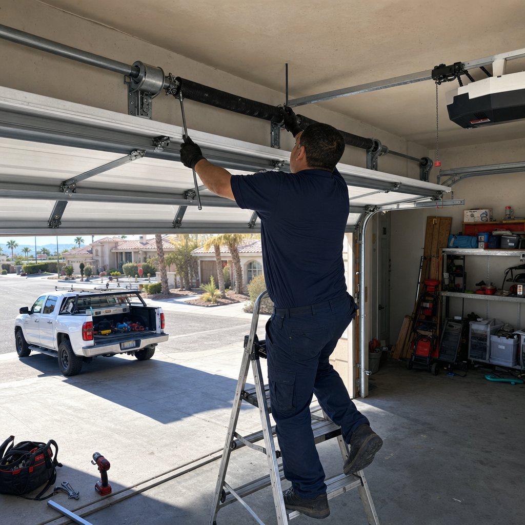 Garage door technician repairing torsion spring system on a ladder