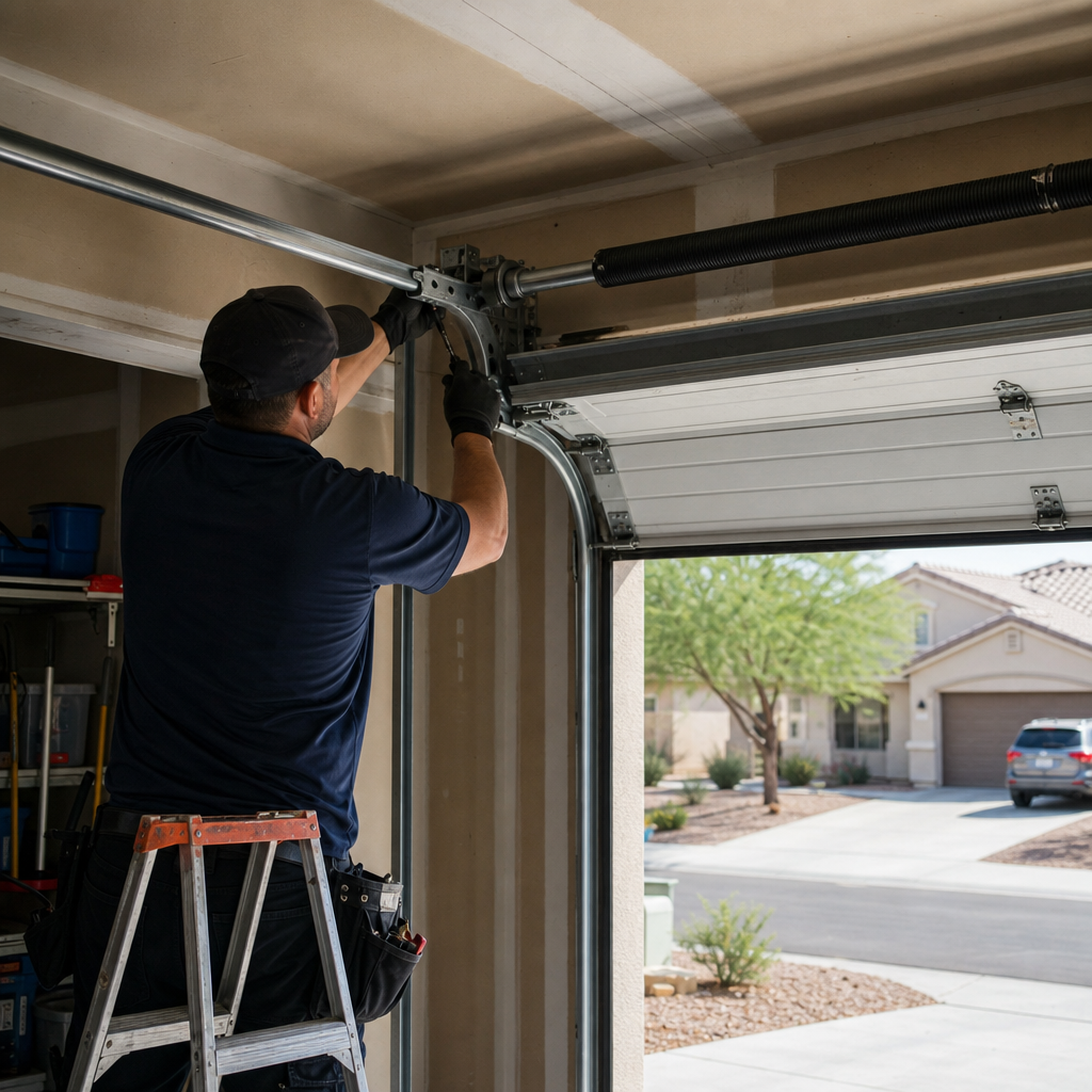 Garage door technician performing emergency repair on overhead door mechanism in Las Vegas, NV