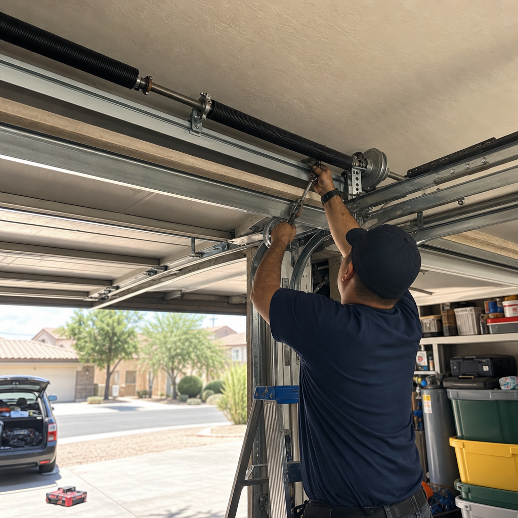 Garage door repair technician working on torsion spring with tools. in Spring Valley, NV