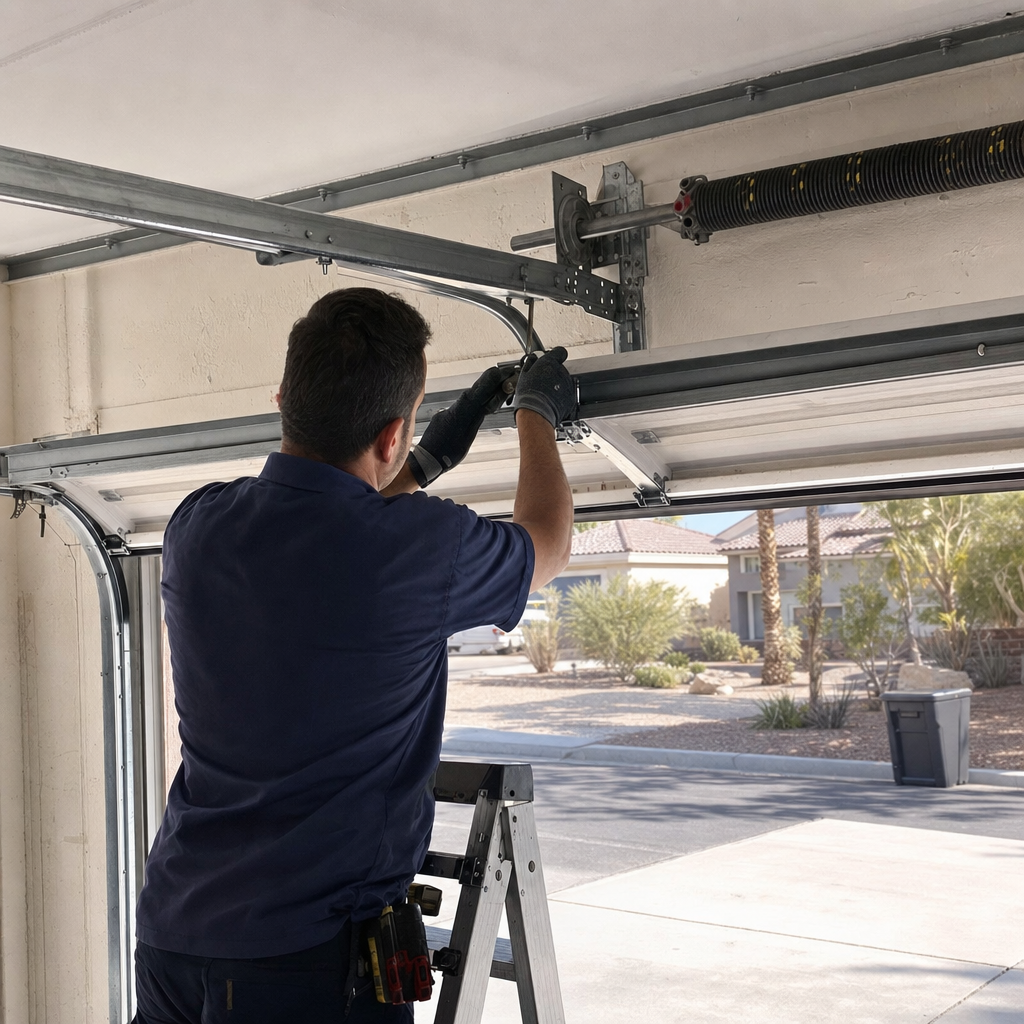 Technician installing garage door parts on overhead door mechanism in Spring Valley, NV